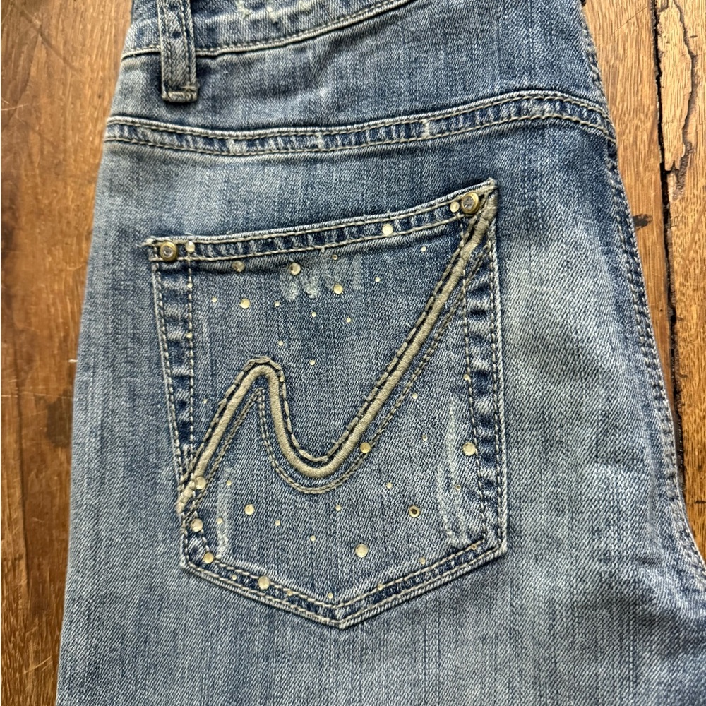 Cache Distressed Boot Cut Rhinestone Jeans- Size 6 - Picture 6 of 16